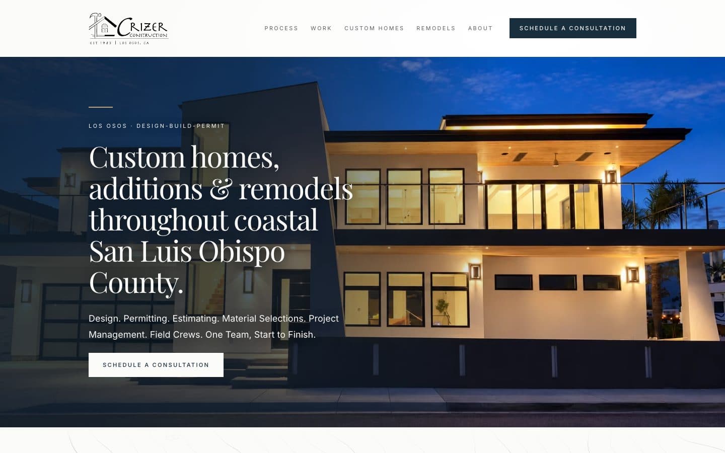 The Crizer Construction home page.