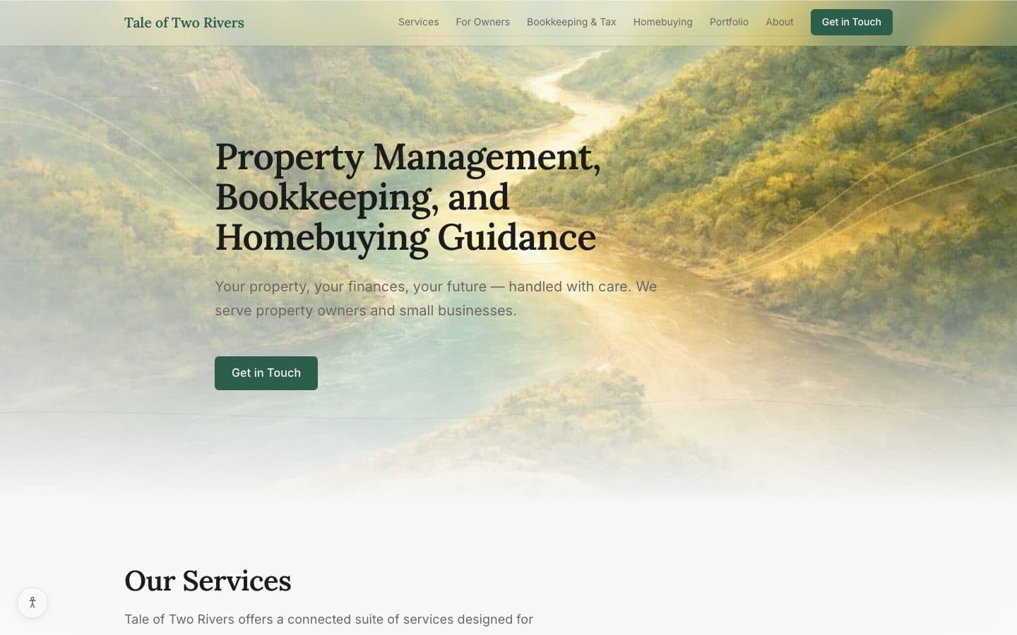 The Tale of Two Rivers home page: the headline “Property Management, Bookkeeping, and Homebuying Guidance” over a river valley.