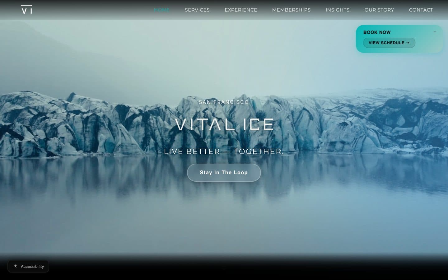 The Vital Ice home page: the studio name over a glacier lagoon, with a Book Now panel.